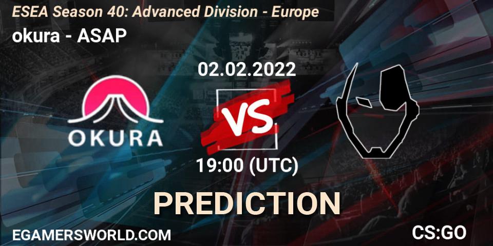 okura - ASAP: Maç tahminleri. 02.02.2022 at 19:00, Counter-Strike (CS2), ESEA Season 40: Advanced Division - Europe
