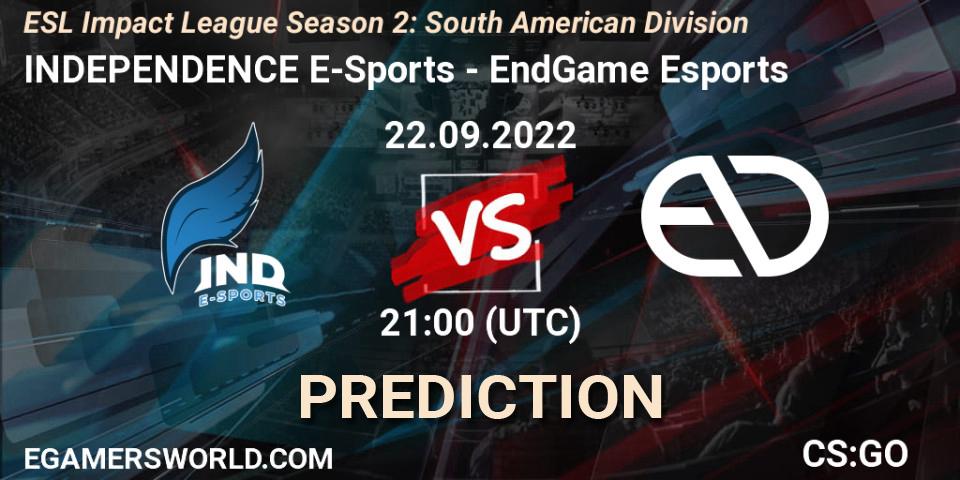 INDEPENDENCE E-Sports - EndGame Esports: Maç tahminleri. 22.09.2022 at 21:00, Counter-Strike (CS2), ESL Impact League Season 2: South American Division