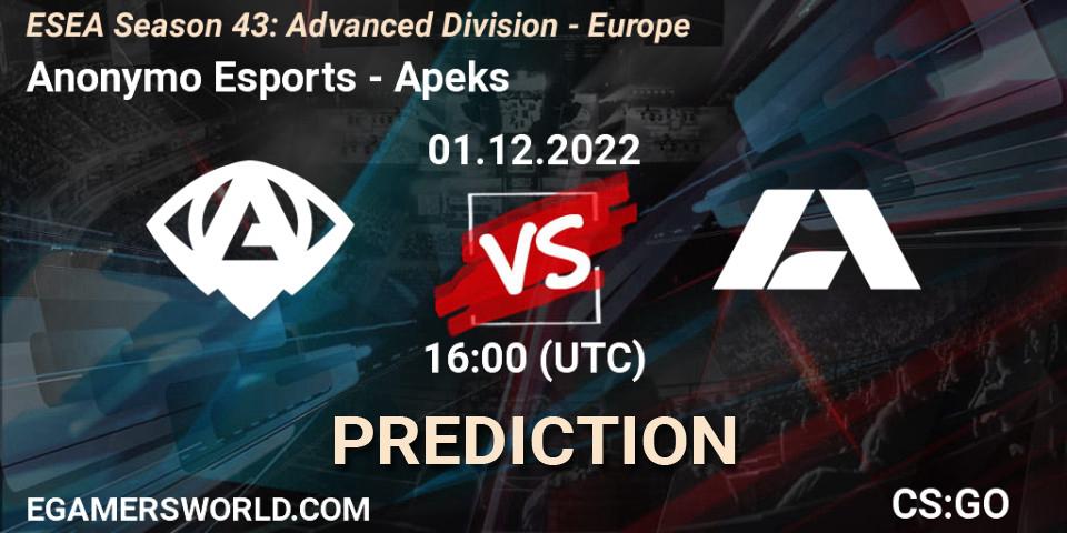 Anonymo Esports - Apeks: Maç tahminleri. 01.12.22, CS2 (CS:GO), ESEA Season 43: Advanced Division - Europe