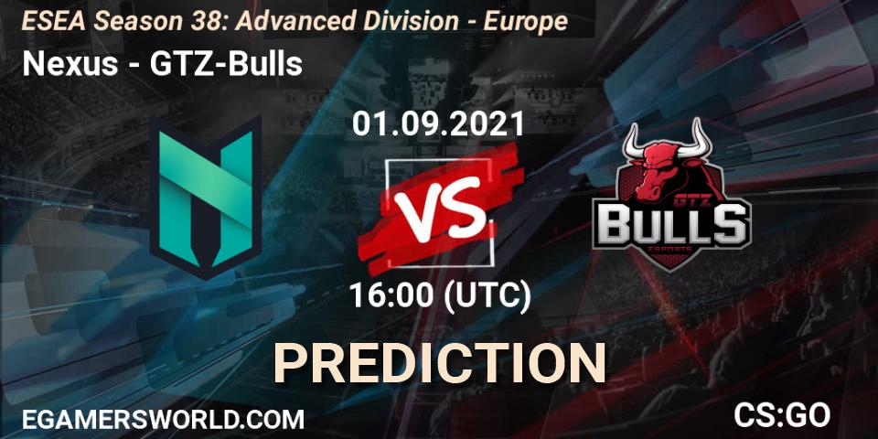 Nexus - GTZ-Bulls: Maç tahminleri. 01.09.2021 at 16:00, Counter-Strike (CS2), ESEA Season 38: Advanced Division - Europe