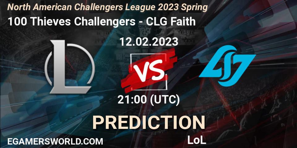 100 Thieves Challengers - CLG Faith: Maç tahminleri. 12.02.2023 at 21:00, LoL, NACL 2023 Spring - Group Stage