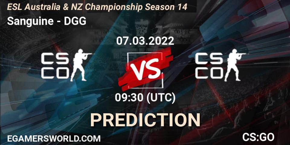 Sanguine - DGG Esports: Maç tahminleri. 07.03.2022 at 10:05, Counter-Strike (CS2), ESL ANZ Champs Season 14