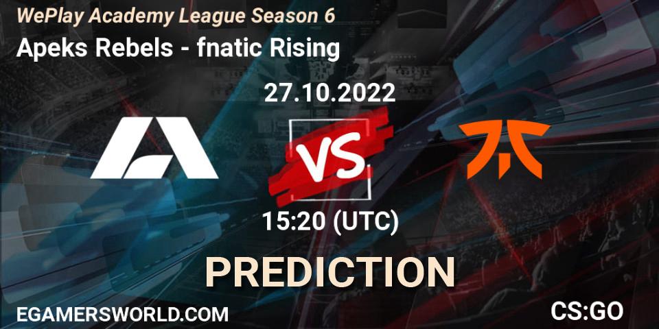 Apeks Rebels - fnatic Rising: Maç tahminleri. 27.10.2022 at 15:20, Counter-Strike (CS2), WePlay Academy League Season 6