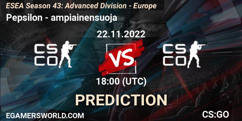 Pepsilon - ampiainensuoja: Maç tahminleri. 22.11.2022 at 18:00, Counter-Strike (CS2), ESEA Season 43: Advanced Division - Europe