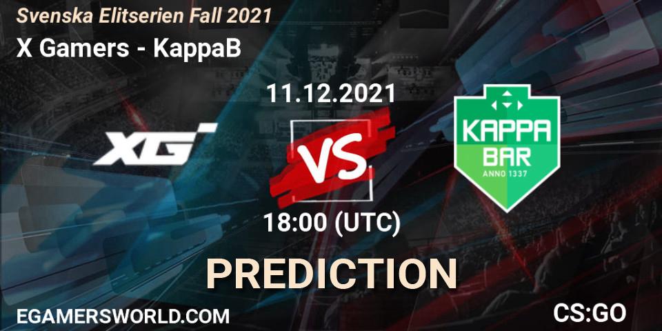 X Gamers - KappaB: Maç tahminleri. 11.12.2021 at 19:45, Counter-Strike (CS2), Svenska Elitserien Fall 2021