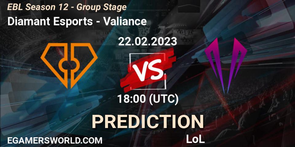 Diamant Esports - Valiance: Maç tahminleri. 22.02.23, LoL, EBL Season 12 - Group Stage
