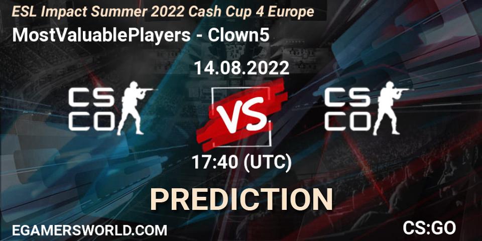 MostValuablePlayers - Clown5: Maç tahminleri. 14.08.2022 at 17:40, Counter-Strike (CS2), ESL Impact Summer 2022 Cash Cup 4 Europe