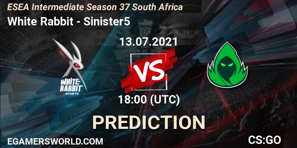 White Rabbit - Sinister5: Maç tahminleri. 13.07.2021 at 18:00, Counter-Strike (CS2), ESEA Season 37: Intermediate Division - South Africa