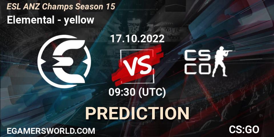 Elemental - yellow: Maç tahminleri. 17.10.2022 at 09:30, Counter-Strike (CS2), ESL ANZ Champs Season 15