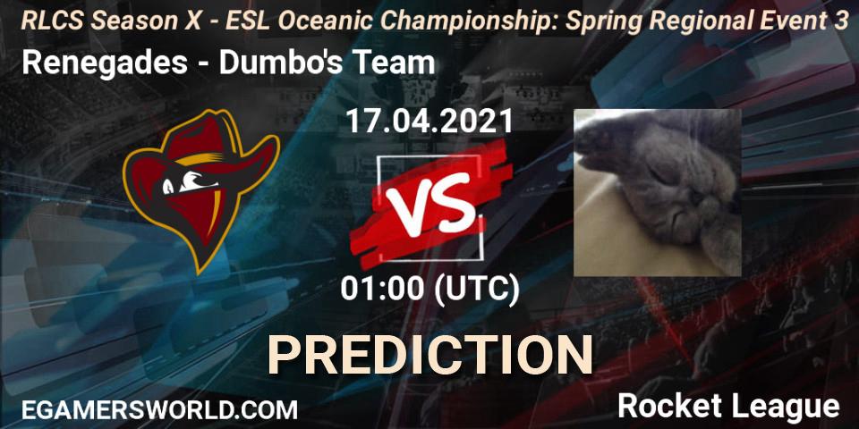 Renegades - Dumbo's Team: Maç tahminleri. 17.04.2021 at 01:00, Rocket League, RLCS Season X - ESL Oceanic Championship: Spring Regional Event 3