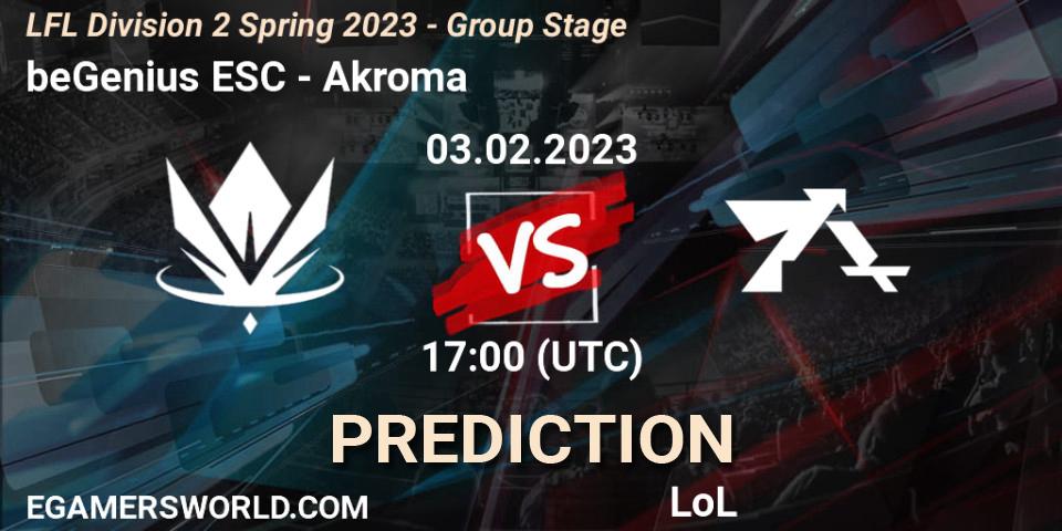beGenius ESC - Akroma: Maç tahminleri. 03.02.2023 at 17:00, LoL, LFL Division 2 Spring 2023 - Group Stage