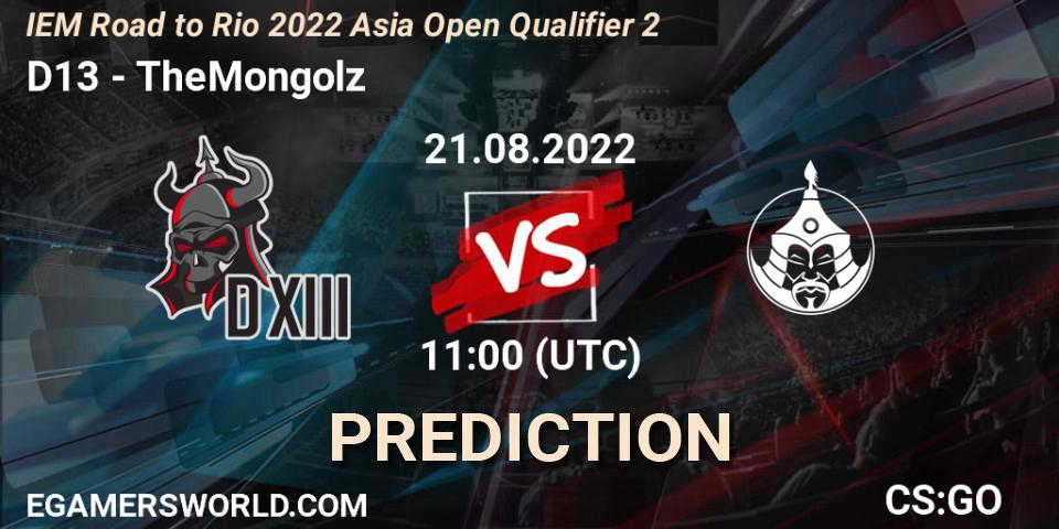 D13 - TheMongolz: Maç tahminleri. 21.08.2022 at 11:00, Counter-Strike (CS2), IEM Road to Rio 2022 Asia Open Qualifier 2