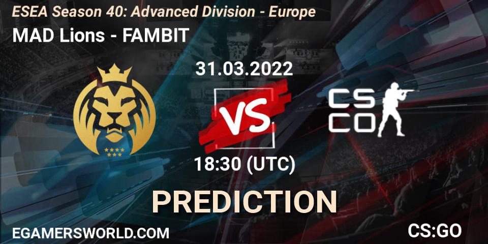 MAD Lions - FAMBIT: Maç tahminleri. 31.03.2022 at 18:30, Counter-Strike (CS2), ESEA Season 40: Advanced Division - Europe