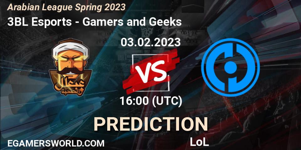 3BL Esports - Gamers and Geeks: Maç tahminleri. 03.02.2023 at 18:00, LoL, Arabian League Spring 2023