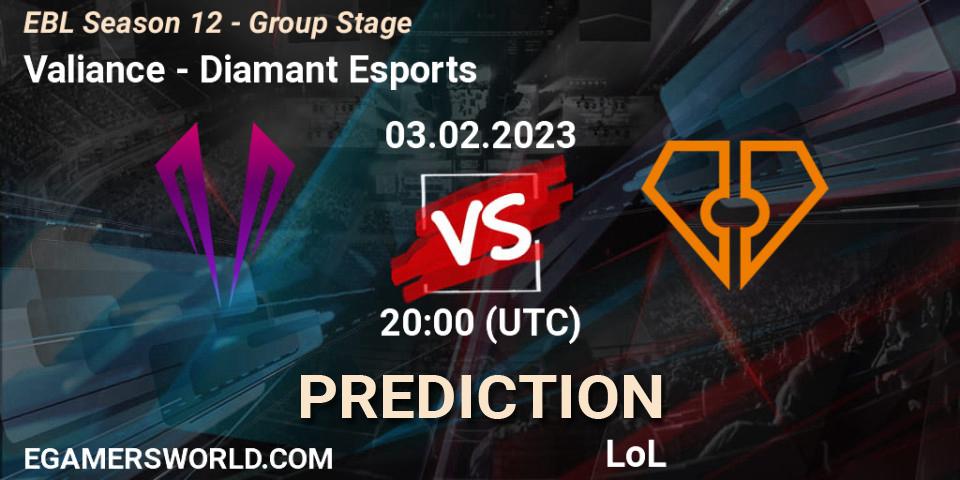 Valiance - Diamant Esports: Maç tahminleri. 03.02.2023 at 20:00, LoL, EBL Season 12 - Group Stage
