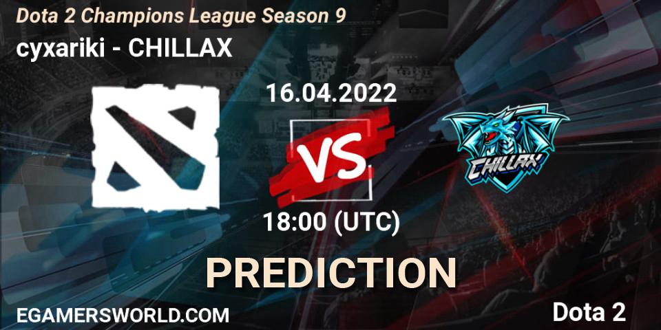 cyxariki - CHILLAX: Maç tahminleri. 16.04.2022 at 18:20, Dota 2, Dota 2 Champions League Season 9