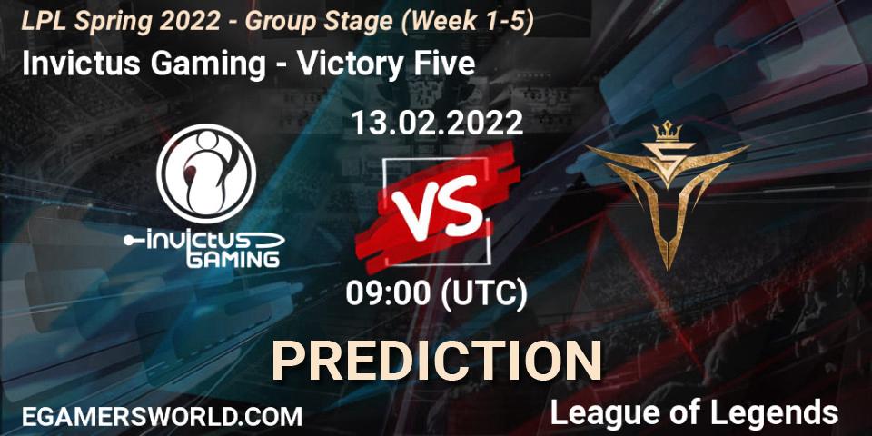 Invictus Gaming - Victory Five: Maç tahminleri. 13.02.2022 at 10:00, LoL, LPL Spring 2022 - Group Stage (Week 1-5)