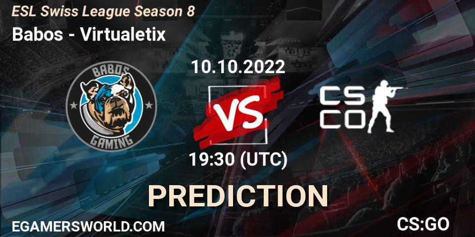 Babos - Virtualetix: Maç tahminleri. 10.10.2022 at 19:30, Counter-Strike (CS2), ESL Swiss League Season 8