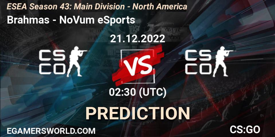 Brahmas - NoVum eSports: Maç tahminleri. 21.12.2022 at 02:30, Counter-Strike (CS2), ESEA Season 43: Main Division - North America