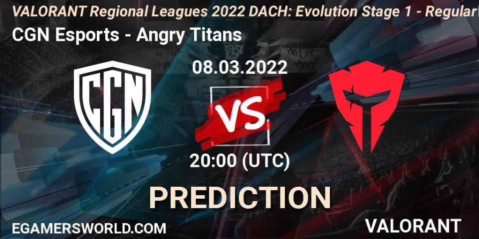 CGN Esports - Angry Titans: Maç tahminleri. 08.03.2022 at 20:00, VALORANT, VALORANT Regional Leagues 2022 DACH: Evolution Stage 1 - Regular Season