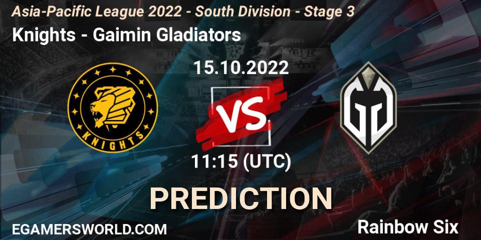 Knights - Gaimin Gladiators: Maç tahminleri. 15.10.2022 at 11:15, Rainbow Six, Asia-Pacific League 2022 - South Division - Stage 3