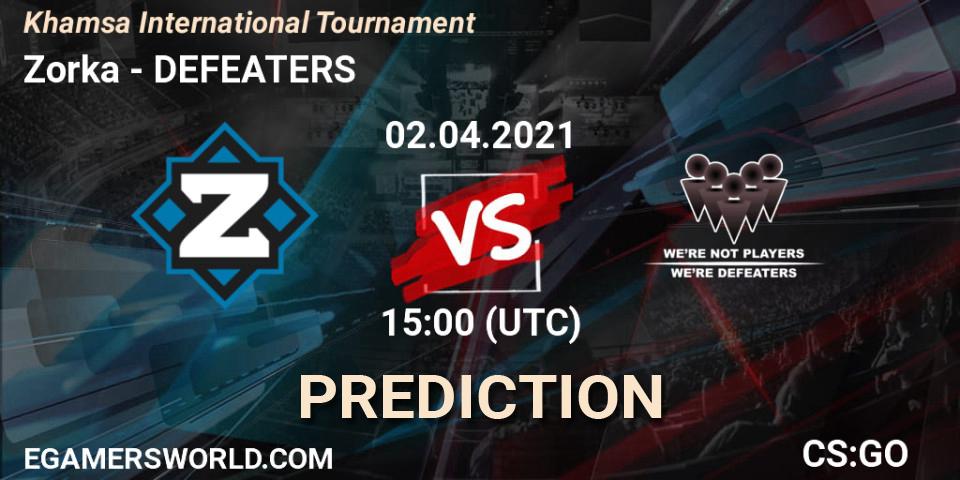 Zorka - DEFEATERS: Maç tahminleri. 02.04.2021 at 15:00, Counter-Strike (CS2), Khamsa International Tournament