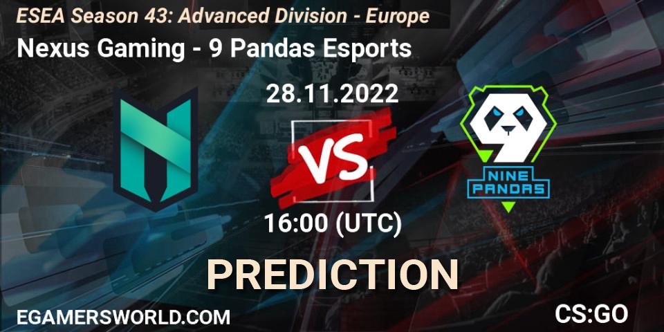 Nexus Gaming - 9 Pandas Esports: Maç tahminleri. 01.12.22, CS2 (CS:GO), ESEA Season 43: Advanced Division - Europe