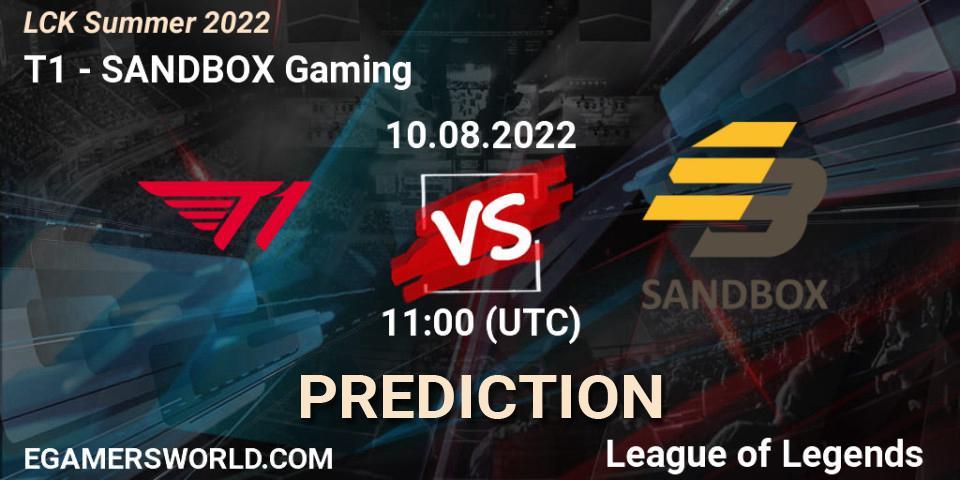 T1 - SANDBOX Gaming: Maç tahminleri. 10.08.2022 at 11:00, LoL, LCK Summer 2022