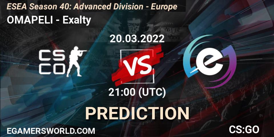 OMAPELI - Exalty: Maç tahminleri. 20.03.2022 at 21:00, Counter-Strike (CS2), ESEA Season 40: Advanced Division - Europe