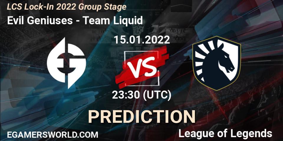 Evil Geniuses - Team Liquid: Maç tahminleri. 15.01.2022 at 23:15, LoL, LCS Lock-In 2022 Group Stage
