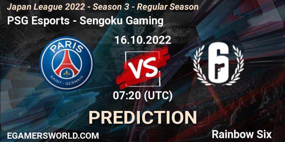 PSG Esports - Sengoku Gaming: Maç tahminleri. 16.10.2022 at 07:20, Rainbow Six, Japan League 2022 - Season 3 - Regular Season