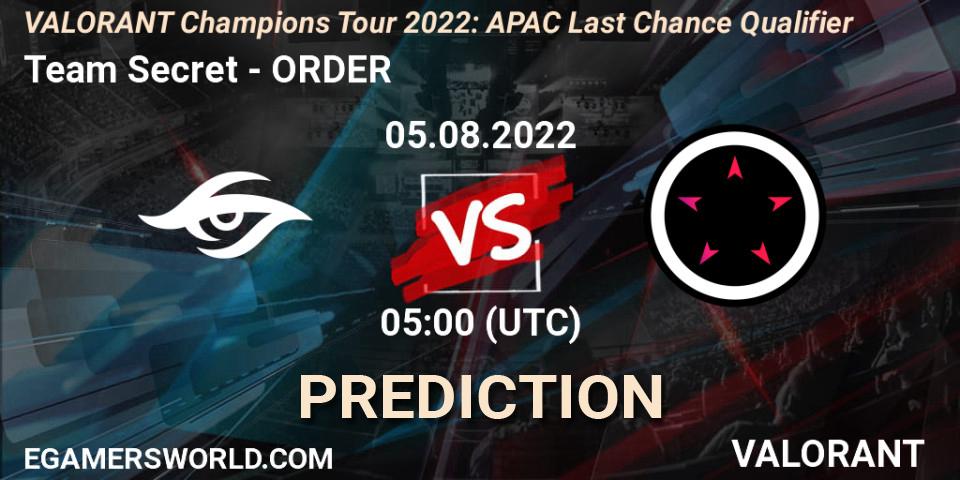 Team Secret - ORDER: Maç tahminleri. 05.08.2022 at 05:00, VALORANT, VCT 2022: APAC Last Chance Qualifier