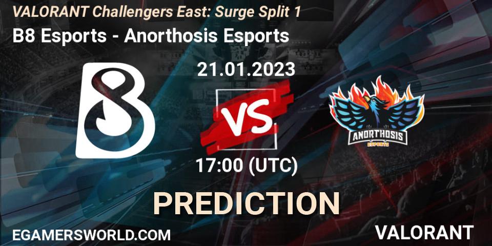 B8 Esports - Anorthosis Esports: Maç tahminleri. 21.01.2023 at 17:15, VALORANT, VALORANT Challengers 2023 East: Surge Split 1