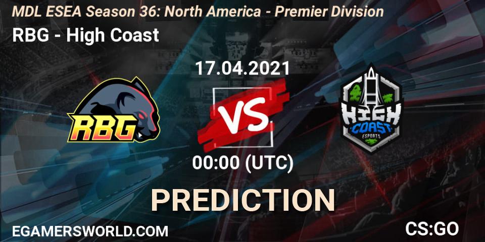 RBG - High Coast: Maç tahminleri. 17.04.2021 at 00:00, Counter-Strike (CS2), MDL ESEA Season 36: North America - Premier Division