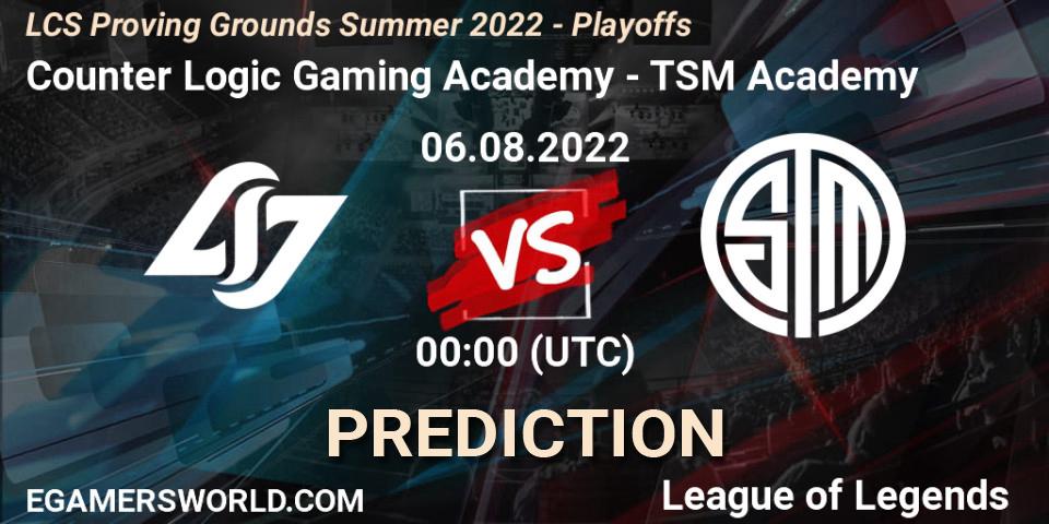 Counter Logic Gaming Academy - TSM Academy: Maç tahminleri. 06.08.2022 at 00:00, LoL, LCS Proving Grounds Summer 2022 - Playoffs