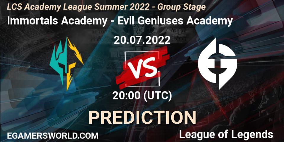 Immortals Academy - Evil Geniuses Academy: Maç tahminleri. 20.07.2022 at 20:00, LoL, LCS Academy League Summer 2022 - Group Stage