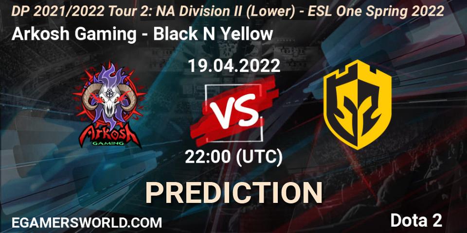 Arkosh Gaming - Black N Yellow: Maç tahminleri. 19.04.2022 at 21:57, Dota 2, DP 2021/2022 Tour 2: NA Division II (Lower) - ESL One Spring 2022
