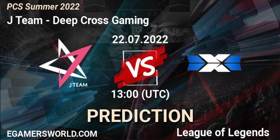 J Team - Deep Cross Gaming: Maç tahminleri. 22.07.2022 at 11:00, LoL, PCS Summer 2022
