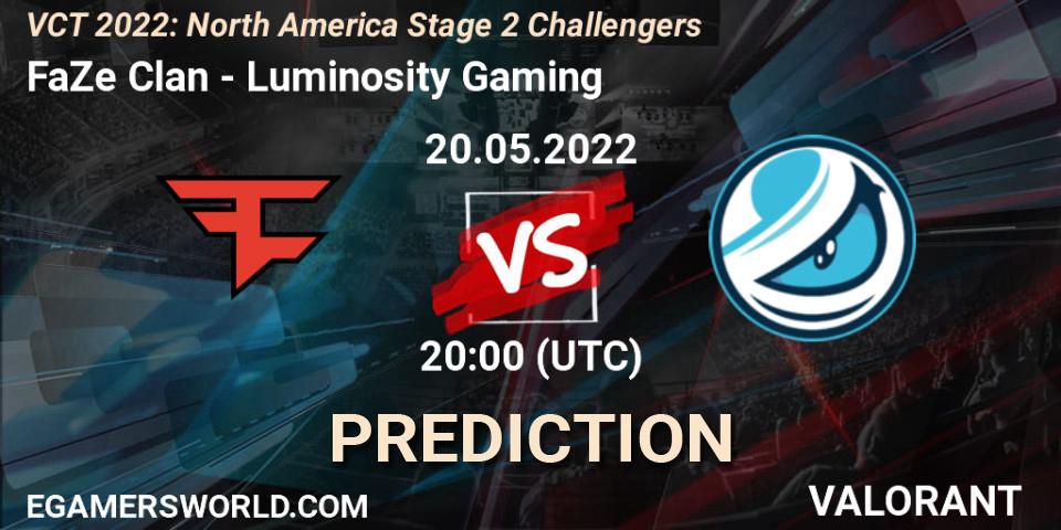 FaZe Clan - Luminosity Gaming: Maç tahminleri. 20.05.2022 at 20:10, VALORANT, VCT 2022: North America Stage 2 Challengers