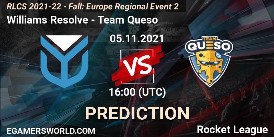 Williams Resolve - Team Queso: Maç tahminleri. 05.11.2021 at 16:00, Rocket League, RLCS 2021-22 - Fall: Europe Regional Event 2