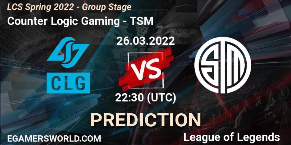 Counter Logic Gaming - TSM: Maç tahminleri. 26.03.2022 at 23:30, LoL, LCS Spring 2022 - Group Stage