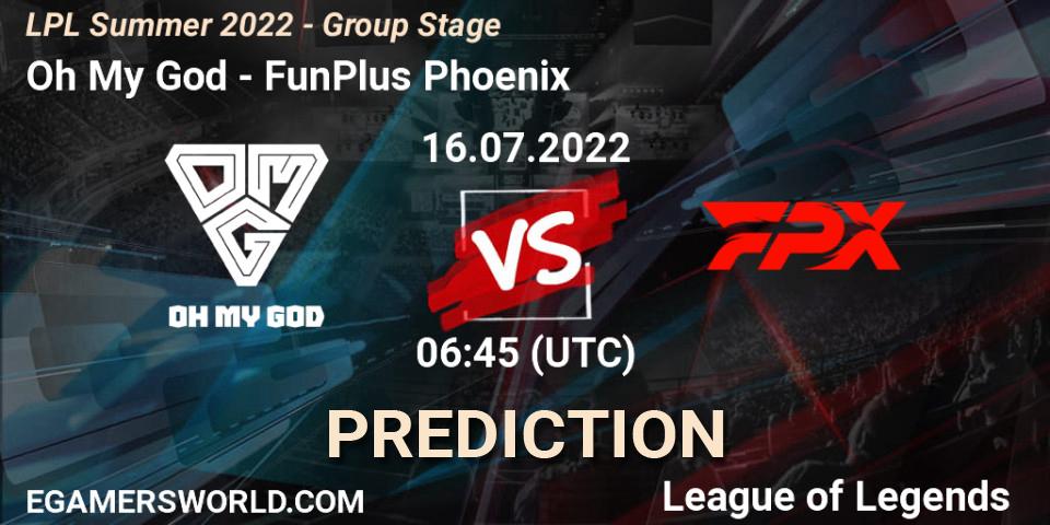 Oh My God - FunPlus Phoenix: Maç tahminleri. 17.07.2022 at 07:00, LoL, LPL Summer 2022 - Group Stage