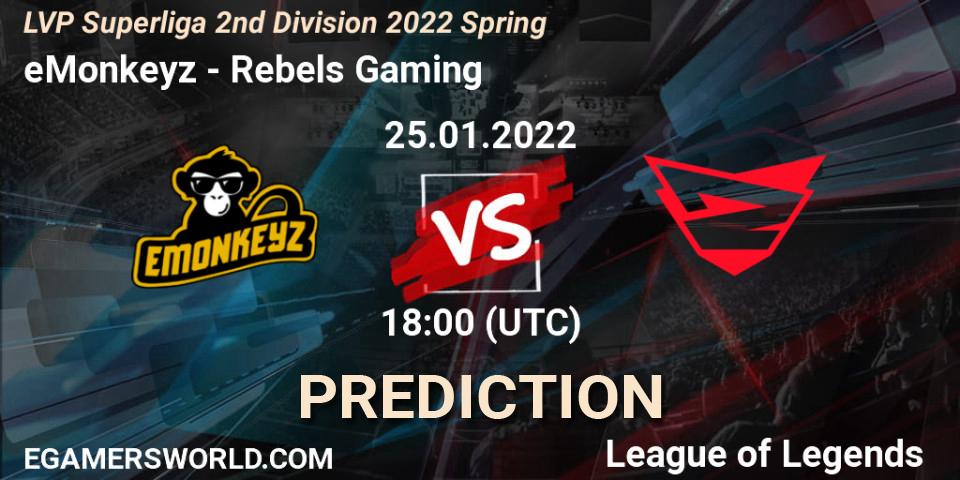 eMonkeyz - Rebels Gaming: Maç tahminleri. 26.01.2022 at 18:00, LoL, LVP Superliga 2nd Division 2022 Spring