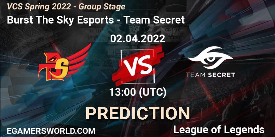 Burst The Sky Esports - Team Secret: Maç tahminleri. 02.04.2022 at 13:00, LoL, VCS Spring 2022 - Group Stage 