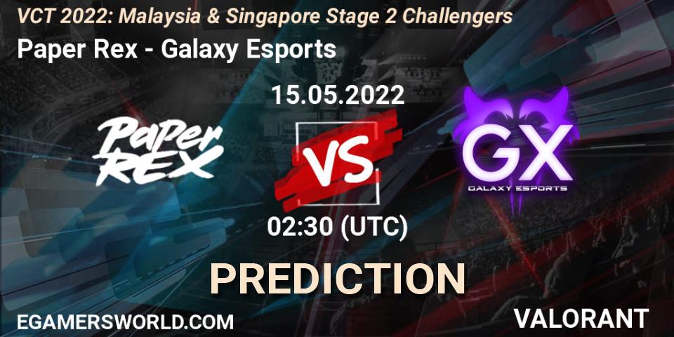 Paper Rex - Galaxy Esports: Maç tahminleri. 15.05.2022 at 02:30, VALORANT, VCT 2022: Malaysia & Singapore Stage 2 Challengers