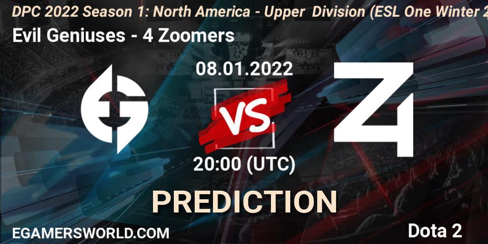 Evil Geniuses - 4 Zoomers: Maç tahminleri. 08.01.2022 at 20:13, Dota 2, DPC 2022 Season 1: North America - Upper Division (ESL One Winter 2021)