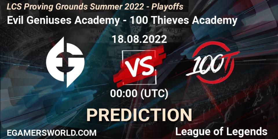 Evil Geniuses Academy - 100 Thieves Academy: Maç tahminleri. 18.08.2022 at 00:00, LoL, LCS Proving Grounds Summer 2022 - Playoffs