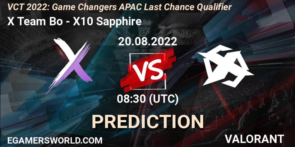 X Team Bo - X10 Sapphire: Maç tahminleri. 20.08.2022 at 08:30, VALORANT, VCT 2022: Game Changers APAC Last Chance Qualifier