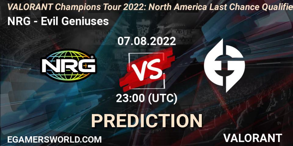 NRG - Evil Geniuses: Maç tahminleri. 07.08.22, VALORANT, VCT 2022: North America Last Chance Qualifier