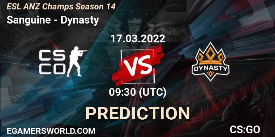 Sanguine - Dynasty: Maç tahminleri. 17.03.2022 at 10:50, Counter-Strike (CS2), ESL ANZ Champs Season 14